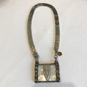 Silver necklace, pendant is glass with clear stones